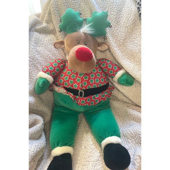 HOME‎ FOR THE HOLIDAYS BROWN REINDEER RED NOSED JINGLE BELLS STARS PLUSH 25” - Picture 1 of 5